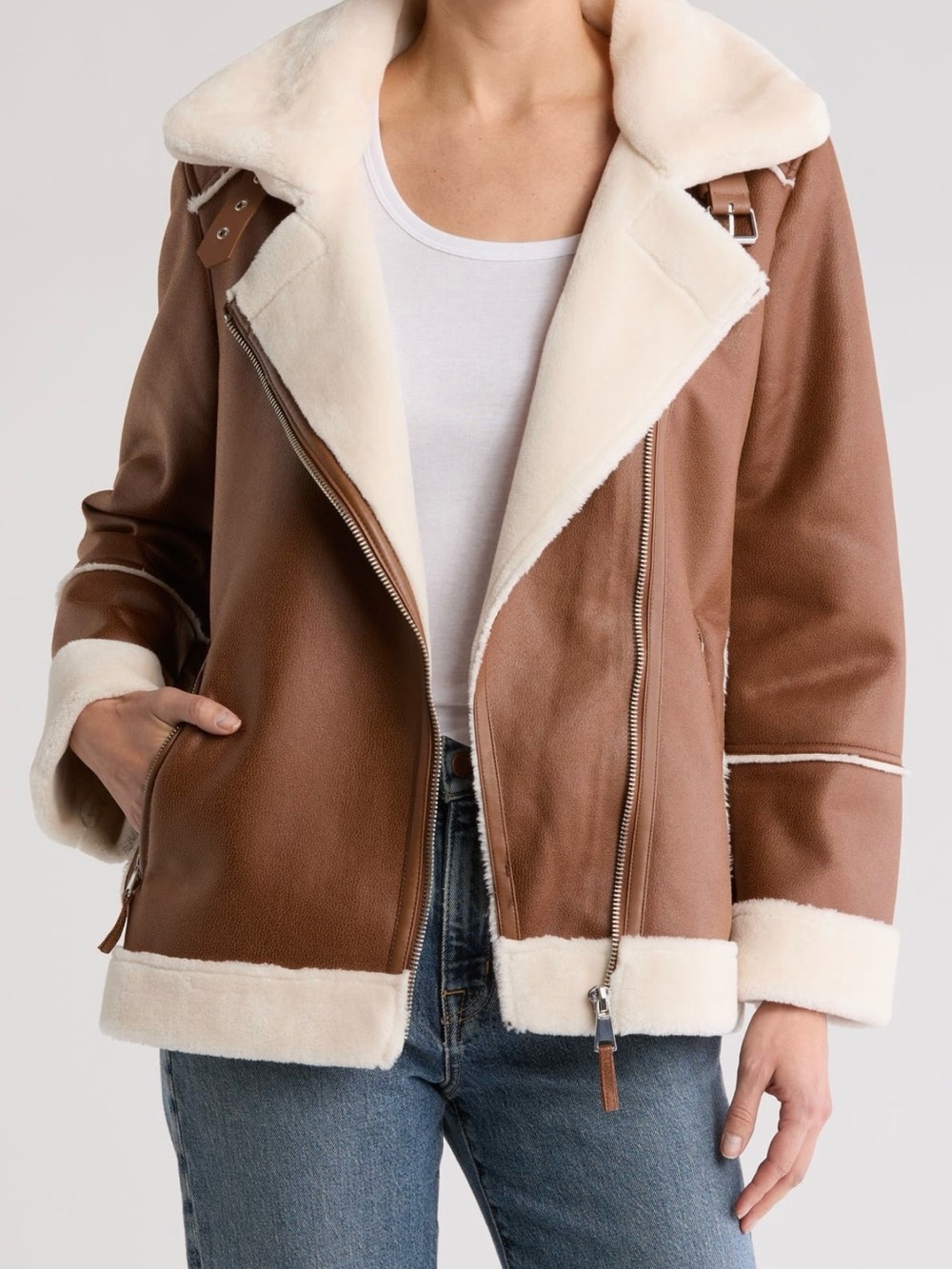 Vigoss Brown Faux Fur Trimmed Faux Leather Moto Jacket with Cream Trim
